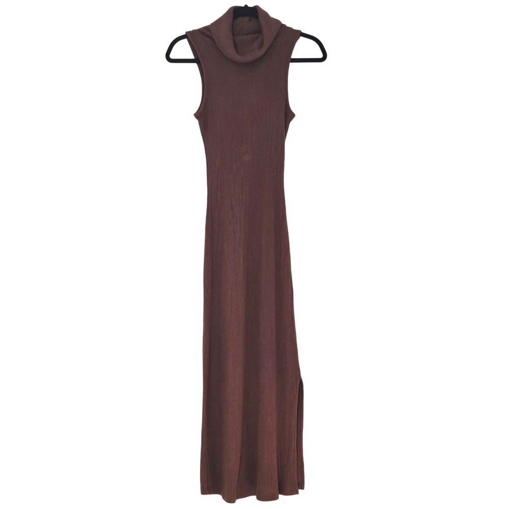 Final Touch Brown Ribbed Turtleneck Sleeveless Maxi Dress Side Slit S Made USA - Picture 2 of 5